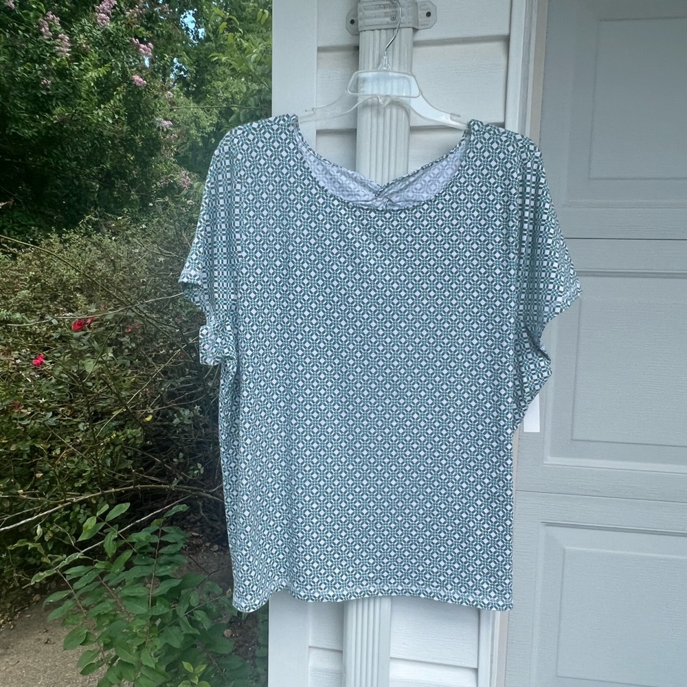 NWT Talbots Pretty Olive Green Blue Box Print Fun Back Short Sleeve Top